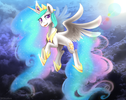 Size: 2500x2000 | Tagged: safe, artist:meotashie, princess celestia, alicorn, pony, g4, cloud, female, flying, high res, looking at you, mare, open mouth, smiling, solo, spread wings, wings