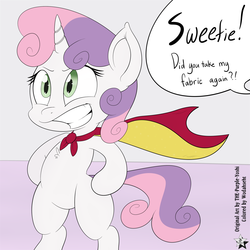 Size: 4500x4500 | Tagged: safe, artist:purple-yoshi-draws, artist:wodahseht, color edit, sweetie belle, pony, g4, absurd resolution, bipedal, cape, clothes, dialogue, female, grin, offscreen character, solo, speech bubble