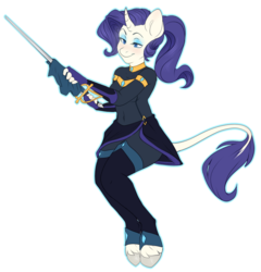 Size: 898x936 | Tagged: safe, artist:mochaspar, rarity, classical unicorn, anthro, unguligrade anthro, adventuring is magic, g4, cloth, clothes, female, fingerless gloves, gloves, horn, leonine tail, rapier, smiling, solo, sword