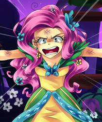 Size: 677x806 | Tagged: safe, artist:semehammer, fluttershy, human, g4, the best night ever, clothes, dress, female, flower, flower in hair, flutterrage, gala dress, humanized, open mouth, rage, scene interpretation, solo, you're going to love me