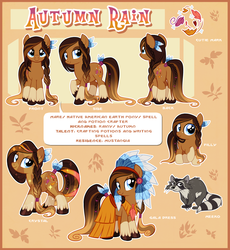 Size: 2906x3153 | Tagged: safe, artist:centchi, oc, oc only, oc:autumn rain, earth pony, pony, raccoon, eyeshadow, headdress, high res, makeup, native american, reference sheet, solo