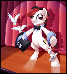 Size: 2040x2256 | Tagged: safe, artist:centchi, oc, oc only, oc:hocus pocus, bird, earth pony, pony, card, high res, solo, stage