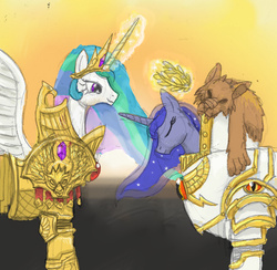 Size: 1801x1760 | Tagged: safe, artist:sensko, princess celestia, princess luna, pony, g4, armor, crossover, duo, ethereal mane, eyes closed, female, god empress of ponykind, god-emperor of mankind, horus heresy, horus lupercal, laurel wreath, magic, magic aura, mare, power armor, powered exoskeleton, royal sisters, siblings, sisters, smiling, spread wings, starry mane, telekinesis, terminator armor, this will end in heresy, traditional art, warhammer (game), warhammer 30k, warhammer 40k