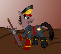 Size: 1000x889 | Tagged: safe, artist:vladar4, earth pony, pony, chainsword, ciaphas cain, commissar, five o'clock shadow, hat, male, ponified, solo, stallion, sword, torn ear, warhammer (game), warhammer 40k