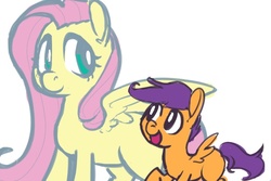 Size: 713x475 | Tagged: safe, artist:whale, fluttershy, scootaloo, g4, smiling, spread wings