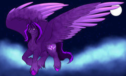 Size: 1000x607 | Tagged: safe, artist:foxenawolf, oc, oc only, pegasus, pony, flying, full moon, large wings, moon, night, purple eyes, purple fur, smiling, solo, unshorn fetlocks, wings