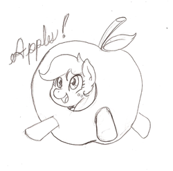 Size: 818x808 | Tagged: safe, artist:i am nude, applejack, g4, apple, apple costume, clothes, costume, cute, dialogue, female, food, food costume, monochrome, open mouth, smiling, solo, that pony sure does love apples