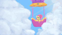 Size: 1920x1080 | Tagged: safe, artist:ninjasaphira, fluttershy, g4, balloon, cloud, cloudy, female, happy, hot air balloon, sky, solo