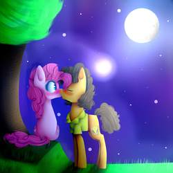 Size: 2500x2500 | Tagged: safe, artist:applejacks2, cheese sandwich, pinkie pie, g4, blushing, female, high res, kissing, male, night, ship:cheesepie, shipping, straight