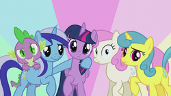 Size: 1366x768 | Tagged: safe, screencap, lemon hearts, minuette, spike, twilight sparkle, twinkleshine, alicorn, pony, amending fences, g4, frown, twilight sparkle (alicorn)