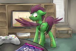 Size: 3000x2000 | Tagged: safe, artist:marsminer, oc, oc only, oc:nichara, pegasus, pony, butt, dvd, high res, human to pony, male, plot, ponified, solo, transformation, xbox 360