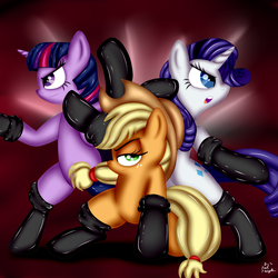 Size: 2000x2000 | Tagged: safe, artist:paulpeopless, applejack, rarity, twilight sparkle, fighting is magic, g4, high res, kung fu, latex, latex boots, trio