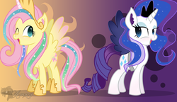 Size: 2784x1608 | Tagged: safe, artist:appletaffy, fluttershy, rarity, pegasus, pony, unicorn, g4, clothes, cosplay, costume, crown, duo, fake horn, fake wings, female, heart eyes, jewelry, lunarity, mare, regalia, shylestia, wingding eyes