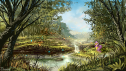 Size: 1920x1080 | Tagged: dead source, safe, artist:shamanguli, fluttershy, butterfly, pegasus, pony, g4, female, forest, mare, river, scenery, signature, solo, stream, tree, water