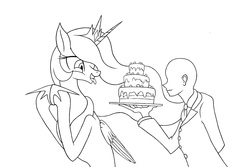 Size: 3000x2000 | Tagged: safe, artist:kevin hu, princess celestia, oc, oc:anon, human, g4, cake, cakelestia, high res, monochrome