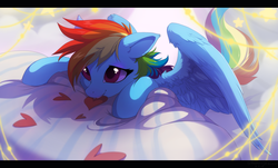 Size: 1600x965 | Tagged: safe, artist:hioshiru, rainbow dash, pegasus, pony, g4, bed, cute, daaaaaaaaaaaw, dashabetes, female, fluffy, grin, heart, hnnng, looking up, lying down, mare, mouth hold, prone, smiling, solo, spread wings, wings