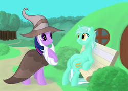 Size: 2262x1600 | Tagged: safe, artist:vladar4, lyra heartstrings, twilight sparkle, g4, bilbo baggins, clothes, costume, gandalf, lord of the rings