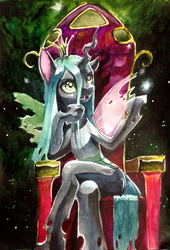 Size: 914x1344 | Tagged: safe, artist:lolperson99, edit, queen chrysalis, changeling, changeling queen, g4, crown, female, jewelry, regalia, solo, throne, throne slouch, traditional art