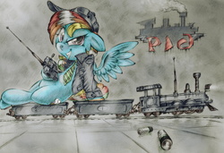 Size: 1493x1024 | Tagged: safe, artist:v747, rainbow dash, g4, backwards cutie mark, clothes, female, model train, solo, tank engine, traditional art