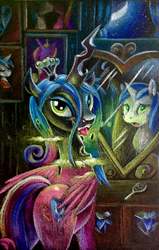Size: 701x1099 | Tagged: safe, artist:tsitra360, princess cadance, queen chrysalis, shining armor, changeling, changeling queen, pony, unicorn, g4, disguise, disguised changeling, fake cadance, female, looking at you, male, mirror, traditional art
