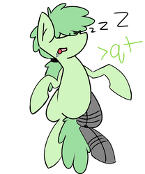 Size: 2500x3000 | Tagged: safe, artist:emby-spark, oc, oc only, oc:lithium flower, drool, female, greentext, high res, prosthetic limb, prosthetics, sleeping, solo, text