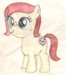 Size: 1268x1441 | Tagged: safe, artist:chronicle23, oc, oc only, earth pony, panda, pony, female, filly, freckles, heart, monochrome, solo, traditional art