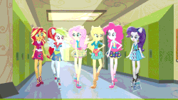 Size: 1000x563 | Tagged: safe, screencap, applejack, fluttershy, pinkie pie, rainbow dash, rarity, sunset shimmer, equestria girls, g4, my little pony equestria girls: friendship games, official, animated, commercial, female, humane six, outfit, school spirit, sporty style, unleash the magic (commercial)