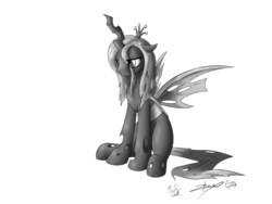 Size: 4000x3000 | Tagged: safe, artist:fiercewendigo, artist:m_d_quill, artist:xeirla, queen chrysalis, changeling, changeling queen, g4, crown, female, jewelry, monochrome, regalia, solo