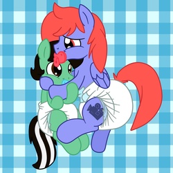 Size: 1280x1280 | Tagged: safe, artist:fillyscoots42, oc, oc only, oc:tenerius, pegasus, pony, cute, diaper, diaper fetish, duo, hug, non-baby in diaper, pacifier, poofy diaper, snuggling