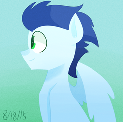 Size: 1024x1016 | Tagged: safe, artist:yaco, soarin', pegasus, pony, g4, blue background, bust, lineless, male, portrait, profile, simple background, smiling, solo, stallion, wings