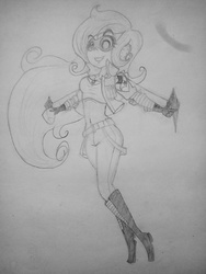 Size: 2448x3264 | Tagged: safe, artist:hihipuffy, trixie, equestria girls, g4, belly button, bounty hunter, fanfic art, goggles, high res, jetpack, midriff, monochrome, nightly scilight thread, traditional art, twi vs the forces of muppet