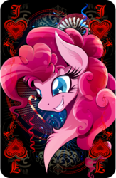 Size: 1254x1920 | Tagged: safe, artist:rariedash, part of a set, pinkie pie, g4, abstract background, blue eyes, candy, candy cane, card, chest fluff, female, jack, jack of hearts, playing card, poker card, portrait, smiling, solo