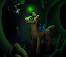 Size: 730x640 | Tagged: safe, artist:raugos, caramel, changeling, nymph, fanfic:integration, g4, changelingified, fanfic art, fanfic cover, transformation