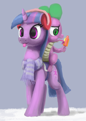 Size: 1585x2229 | Tagged: safe, artist:odooee, spike, twilight sparkle, dragon, pony, unicorn, g4, :p, clothes, dragons riding ponies, earmuffs, female, licking, mare, popsicle, riding, scarf, spike riding twilight, tongue out