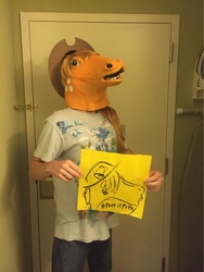 Size: 768x1024 | Tagged: safe, artist:postitpony, applejack, human, bronycon, g4, clothes, cosplay, hoers, hoers mask, irl, irl human, photo, sticky note, traditional art