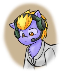 Size: 955x1128 | Tagged: safe, artist:zutcha, oc, oc only, oc:olive garden, earth pony, pony, fanfic:founders of alexandria, fanfic:the last pony on earth, ponies after people, clothes, fanfic, fanfic art, headset, illustration, lab coat, male, solo, stallion