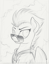 Size: 1219x1571 | Tagged: safe, artist:yakovlev-vad, spitfire, pegasus, pony, g4, aviator sunglasses, clothes, female, glasses, grayscale, hoodie, mare, monochrome, solo, sunglasses