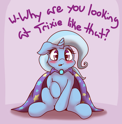 Size: 1280x1302 | Tagged: safe, artist:graphene, trixie, pony, unicorn, g4, blushing, cape, clothes, cute, diatrixes, female, looking at you, mare, raised hoof, sitting, solo, third person, trixie's cape, tsunderixie