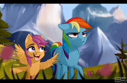 Size: 3420x2243 | Tagged: safe, artist:8bitamy, rainbow dash, scootaloo, pegasus, pony, g4, annoyed, brother bear, chipped tooth, cute, disney, duo, duo female, female, filly, foal, high res, letterboxing, mare, open mouth, rainbow dash is not amused, scene interpretation, scenery, siblings, sisters, song in the comments, spread wings, unamused, underhoof, wholesome