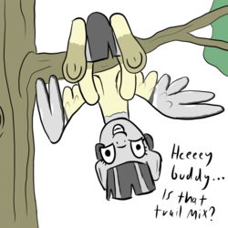 Size: 900x900 | Tagged: artist needed, safe, artist:bojangleee, oc, oc only, bird pone, dialogue, hanging, looking at you, smiling, solo, tree, tree branch, underhoof, upside down