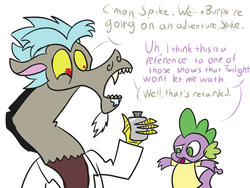 Size: 1200x900 | Tagged: safe, artist:turkleson, discord, spike, g4, crossover, dialogue, rick and morty