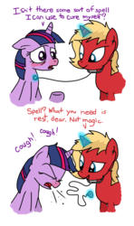 Size: 608x1024 | Tagged: safe, artist:anyponedrawn, twilight sparkle, oc, oc:rosyred, g4, blushing, coughing, female, flu, listening, nurse, red nosed, sick, stethoscope