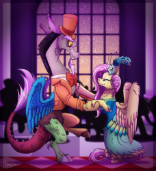 Size: 900x989 | Tagged: safe, artist:inuhoshi-to-darkpen, discord, fluttershy, g4, make new friends but keep discord, clothes, dress, female, gala dress, male, ship:discoshy, shipping, straight, suit
