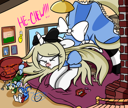 Size: 1280x1078 | Tagged: safe, artist:fullmetalpikmin, oc, oc only, oc:cherry blossom, oc:mal, oc:viewing pleasure, tumblr:ask viewing pleasure, alice in wonderland, clothes, dress, female, giantess, macro, mad hatter, red nosed, sneezing, sneezing fetish, socks, striped socks