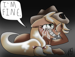 Size: 1700x1300 | Tagged: safe, artist:mushroomcookiebear, applejack, g4, blatant lies, crying, depressed, dialogue, fake smile, female, gradient background, lies, prone, sad, smiling, solo, speech bubble, unhapplejack