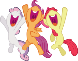 Size: 4252x3369 | Tagged: safe, artist:sir-teutonic-knight, apple bloom, scootaloo, sweetie belle, g4, cutie mark crusaders, jumping, nose in the air, open mouth, simple background, smiling, transparent background, vector, volumetric mouth