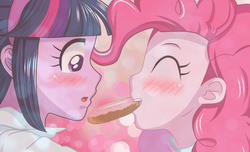 Size: 1400x850 | Tagged: artist needed, safe, pinkie pie, twilight sparkle, equestria girls, g4, blushing, donut, female, lesbian, ship:twinkie, shipping