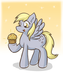 Size: 900x1050 | Tagged: safe, artist:campus-cats, derpy hooves, pegasus, pony, g4, female, hoof hold, mare, muffin, smiling, solo