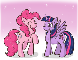 Size: 1280x985 | Tagged: safe, artist:campus-cats, pinkie pie, twilight sparkle, alicorn, pony, g4, eyes closed, female, mare, open mouth, smiling, twilight sparkle (alicorn)