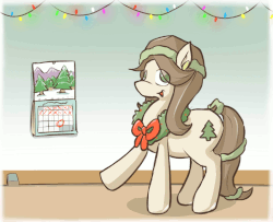 Size: 950x770 | Tagged: safe, artist:campus-cats, oc, oc only, oc:pine, pony, ask pine pony, animated, bow, calendar, christmas, christmas lights, cute, dancing, excited, frame by frame, open mouth, smiling, solo, tail wrap, wreath